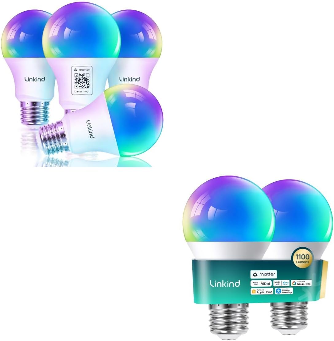 Linkind Matter Smart Light Bulbs 1100LM (75W Equivalent) 2Pack Bundle Matter Smart Light Bulbs 800LM (60W Equivalent) 4Pack (Work with Alexa/Apple Home/Siri/Google Home/SmartThings)