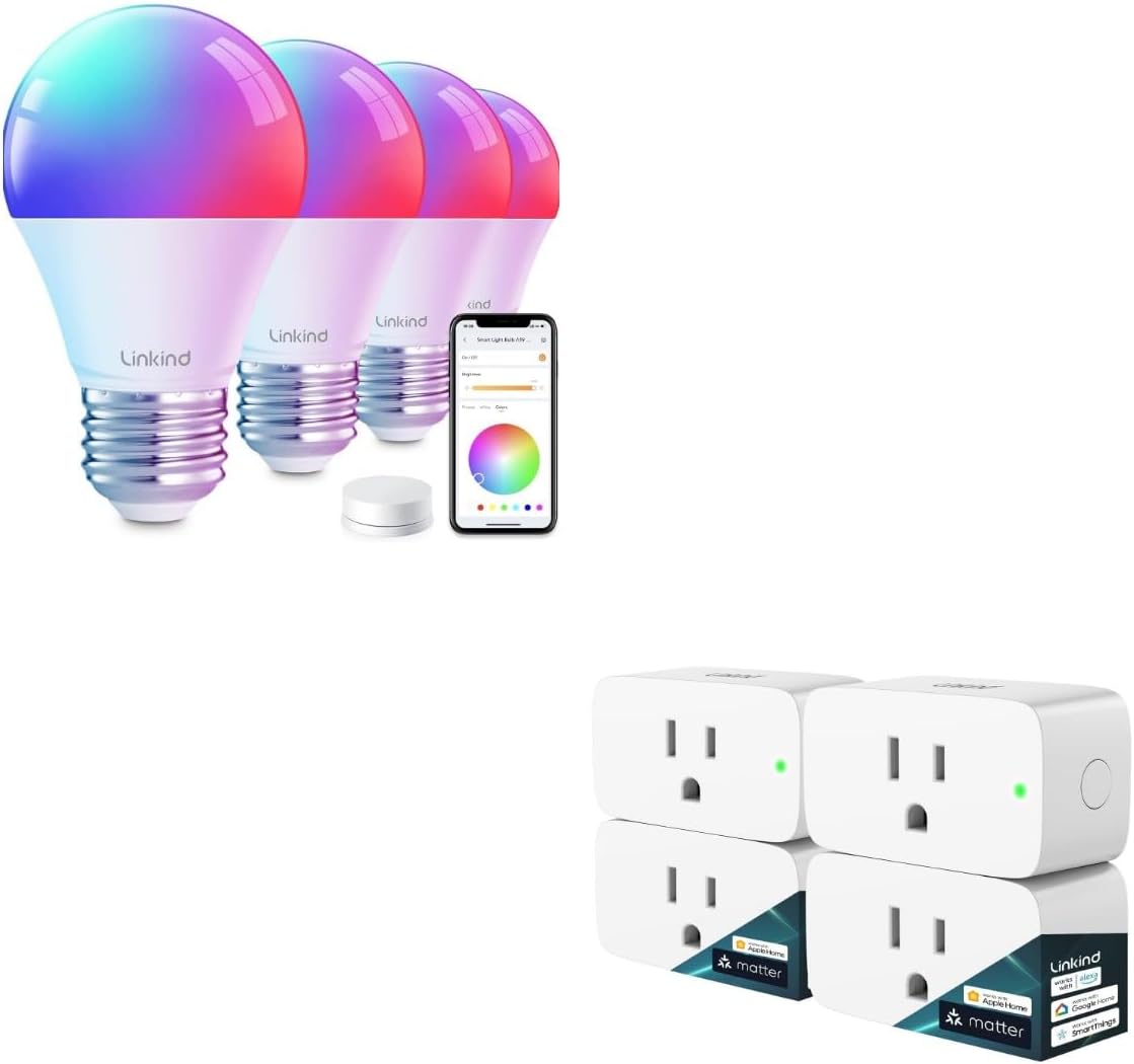 Linkind Matter Smart Plug 4 Pack Smart Light Bulbs 4 Pack RGBTW Color Changing Light Bulbs with Remote Control