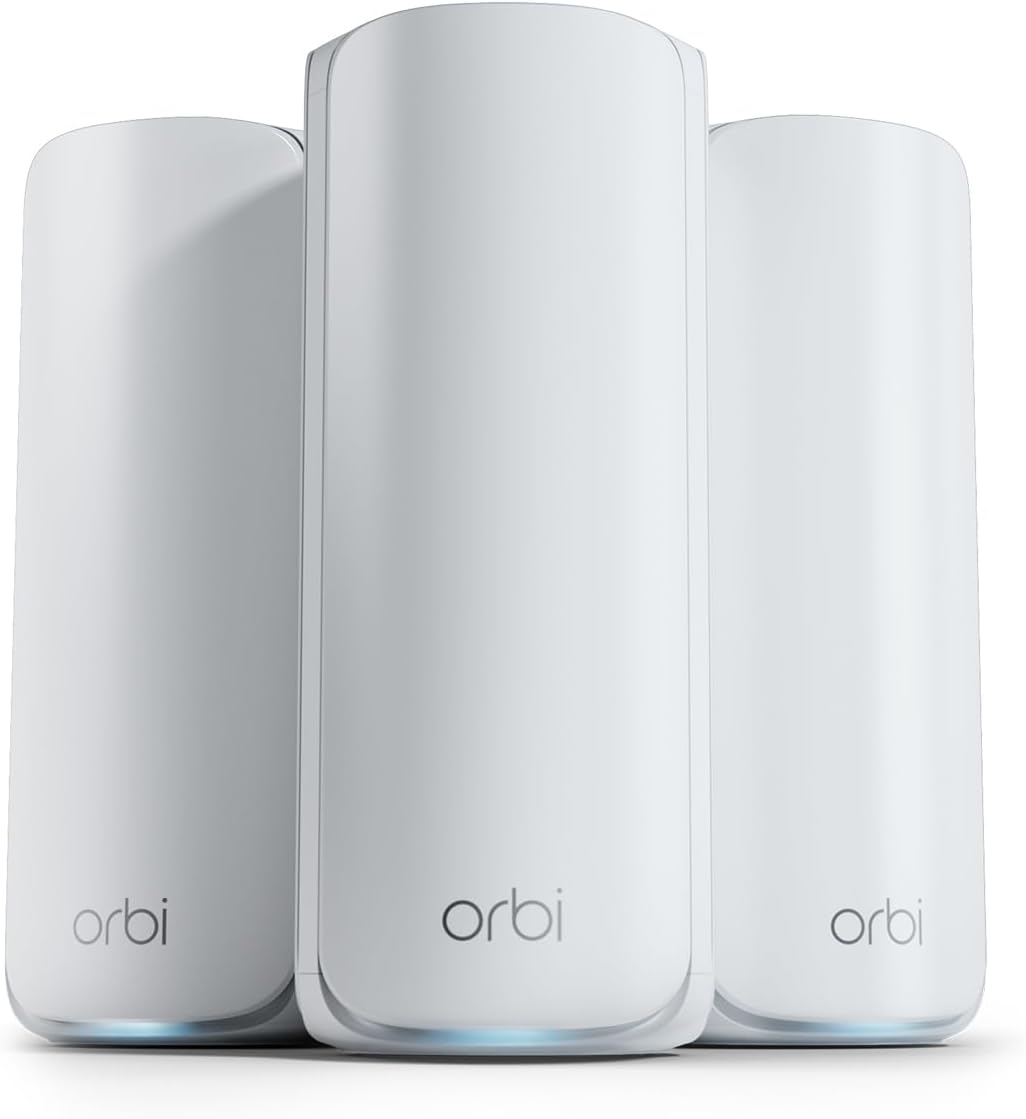 NETGEAR Orbi 770 Series Tri-Band WiFi 7 Mesh Network System (RBE773) – Router + 2 Satellite Extenders, Security Features, Up to 11Gbps, Covers up to 8,000 sq. ft., 100 Devices, 2.5 Gig Internet Port