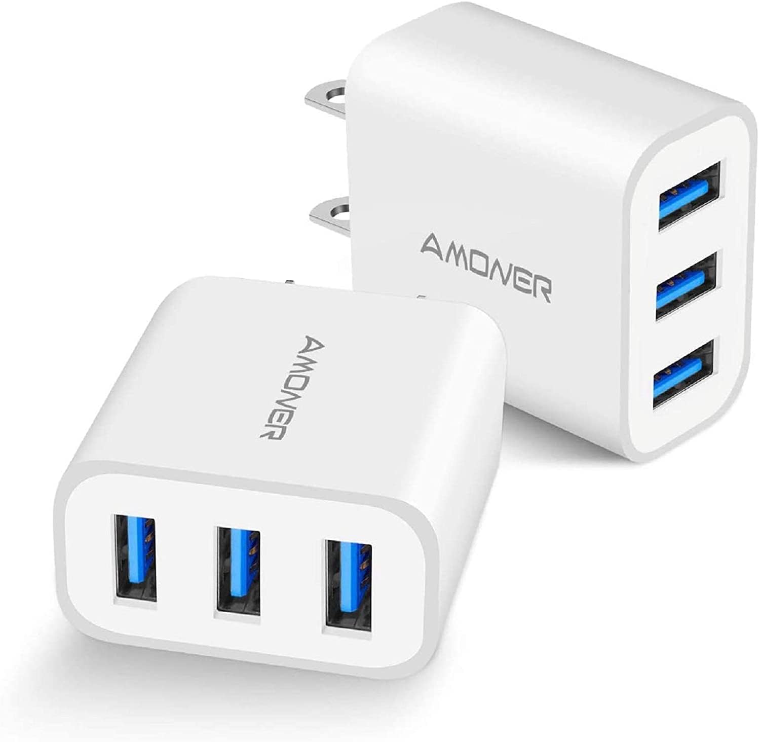 USB Wall Charger, Amoner 2Pack 15W 3-Port USB Plug Cube USB Cube Power Adapter for iPhone 14/13/12/11/Pro/ProMax/Xs/XR/X/8, Galaxy S22 S21 and More and More