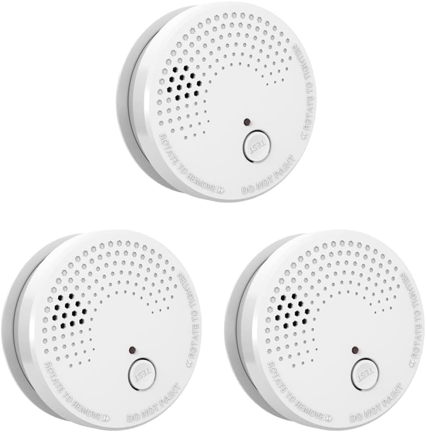 3 Pack Smoke Detector Fire Alarms 9V Battery Operated Photoelectric Sensor Easy to Install with Light Sound Warning, Test Button,9V Included Safety for Home Hotel(912-3) (GS528A)