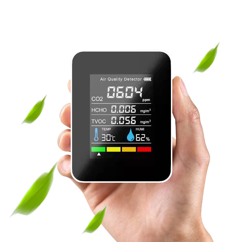 Air Quality Monitor Tester, Indoor Pollution Alarm Detector, CO2, HCHO, TVOC, Temp and Humidity Real-Time Readings 5 in 1 Sensor Meter for Grow Tents, Wine Cellars, Home, Office, Car