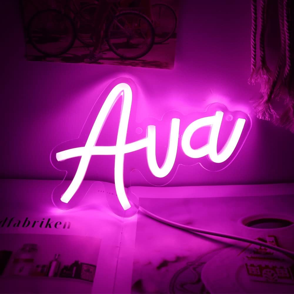 WonderfulLife Ava Name Neon Sign for Room Decor,Non customized, Personalized Led Sign for Birthday Party Decoration,Pink Light Up Wall Decor.