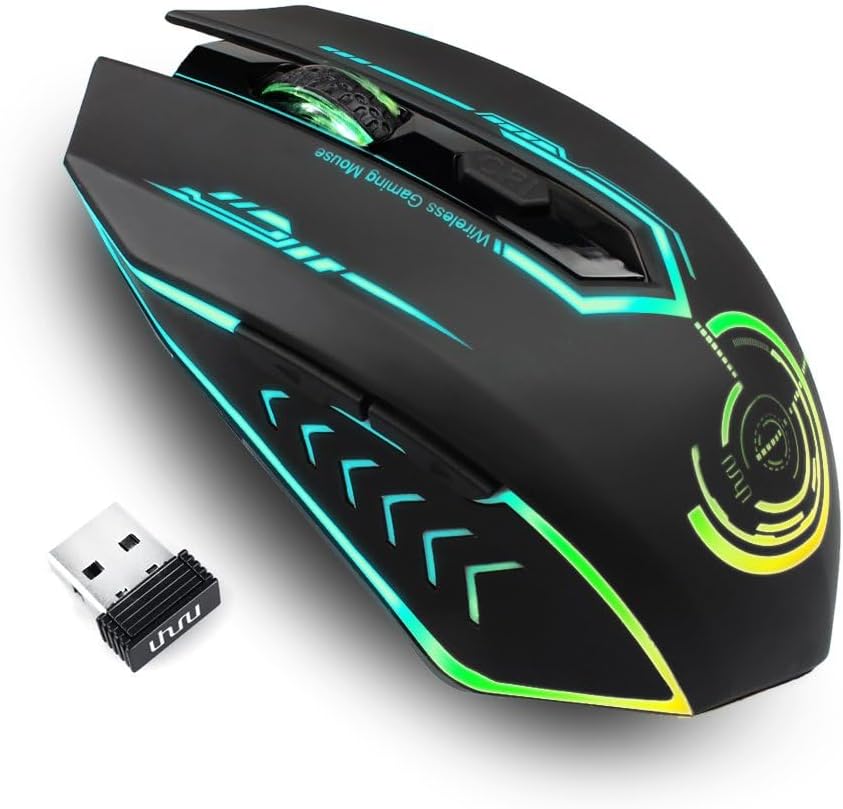 UHURU Wireless Gaming Mouse Up to 10000 DPI, Rechargeable USB Wireless Mouse with 6 Buttons 7 Dynamic LED Color Ergonomic Programmable MMO RPG for PC Laptop, Compatible with Windows Mac