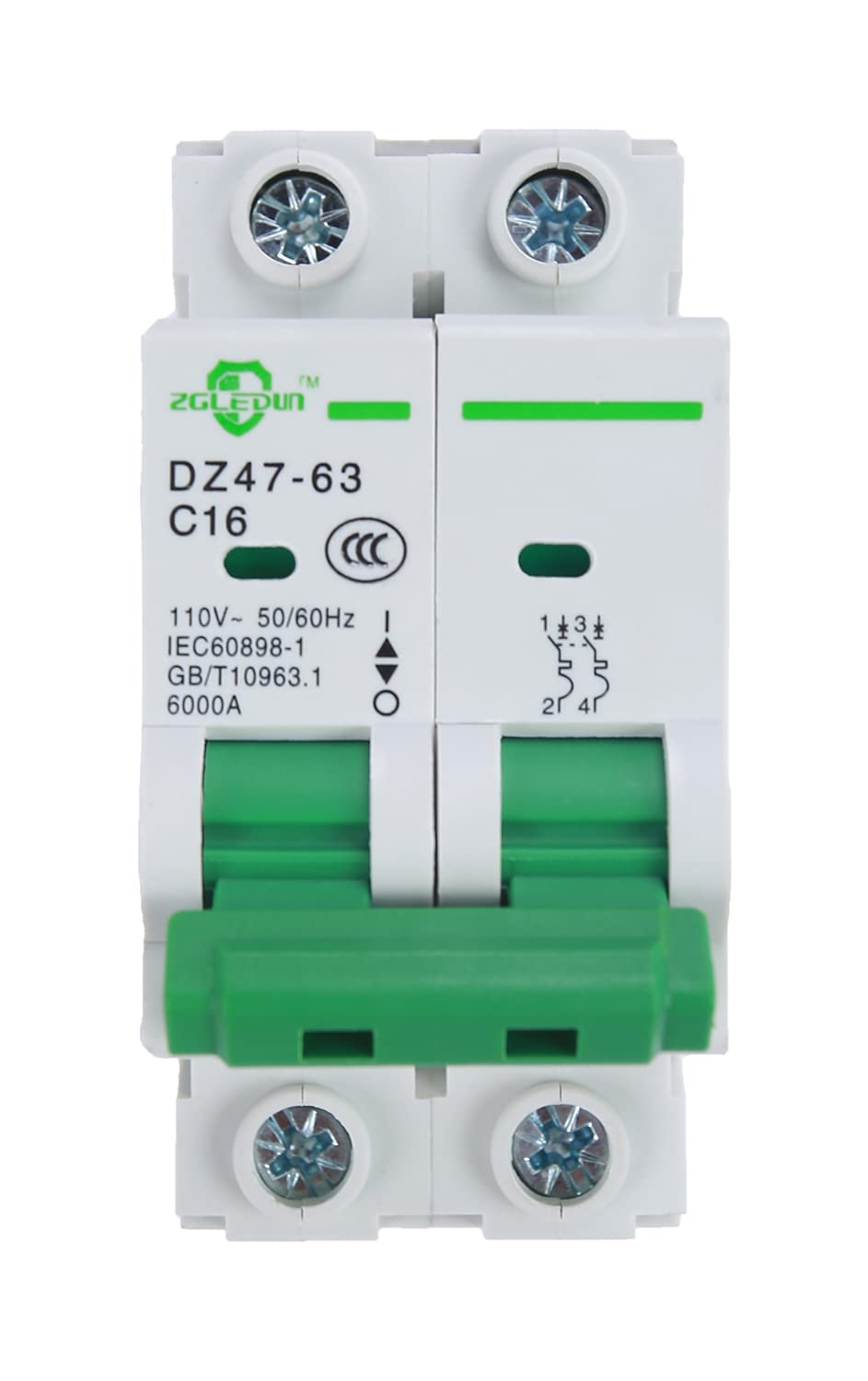 AC Miniature Circuit Breaker, 2 Pole 16 Amp, 120/240VAC, 6kA Din Rail Mount Breaker with Thermal Magnetic Trip, DZ47-63 C16 2P, AC Solar MCB