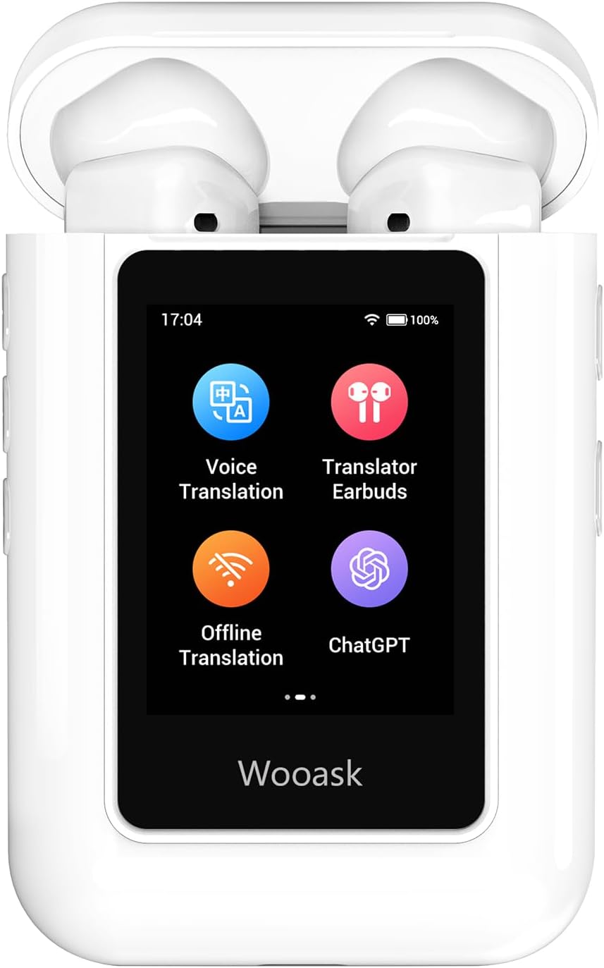 Wooask ChatGPT Translator Earbuds A8 TransBuds | AI Offline Translator with Touchscreen & Independent Operation | No App Needed | Real-Time Translation in 144 Languages | in-Ear & Speaker Modes