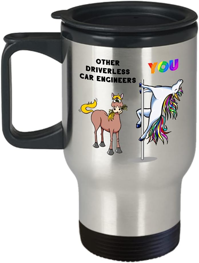 Creator’s Cove Self driving car engineer AV 14 oz insulated coffee travel mug with handle and lid, Driverless vehicle pole dancing unicorn cup, Employee of the month