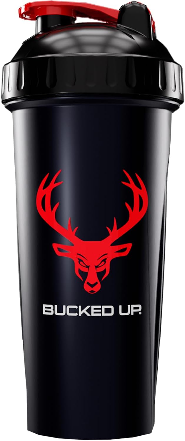 Bucked Up Perfect Shaker Bottle, 28oz, BPA-Free, Dishwasher Safe, Leak-Proof, Black Bottle with Red Buck Logo