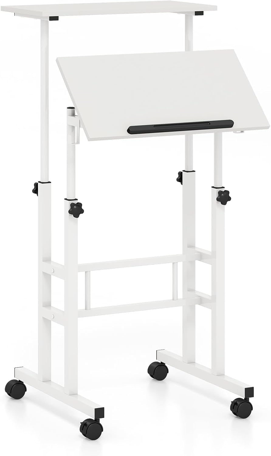 Standing Desk, Height Adjustable Sit-Stand Desk with Tiltable Desk Top, Rolling Laptop Stand & Workstation, Mobile Stand up Computer Desk on Wheels for Small Spaces, Home & Office (White)