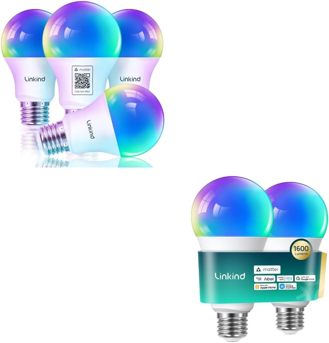 Linkind Matter Smart Light Bulbs 1600LM (100W Equivalent) 2Pack Bundle Matter Smart Light Bulbs 800LM (60W Equivalent) 4Pack (Work with Alexa/Apple Home/Siri/Google Home/SmartThings)