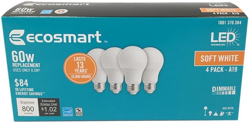 60W Equivalent Soft White A19 Energy Star + Dimmable LED Light Bulb (4-Pack)