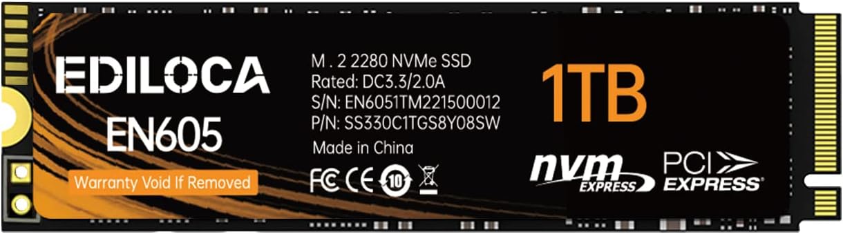 EN605 1TB SSD M.2 2280, NVMe1.3 PCIe Gen3 x4 SSD, 3D TLC NAND, Internal Solid State Drives, Read/Write Speed up to 2150/1850 MB/s, Compatible with Laptop & PC Desktop