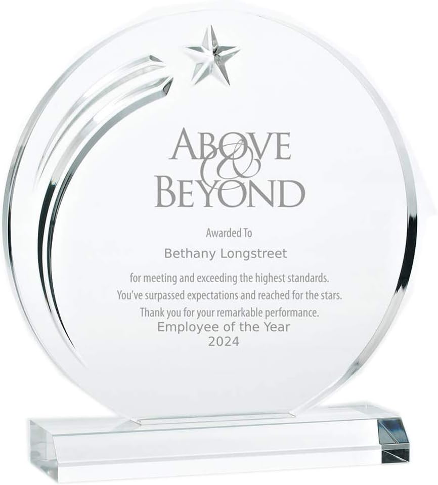 Baudville Engraved Trophy – 7.5″ Acrylic Circle – Shooting Star Curve on Side – Award for Employees – Personalized Engraving Up to Three Lines and Pre-Written Verse Selection