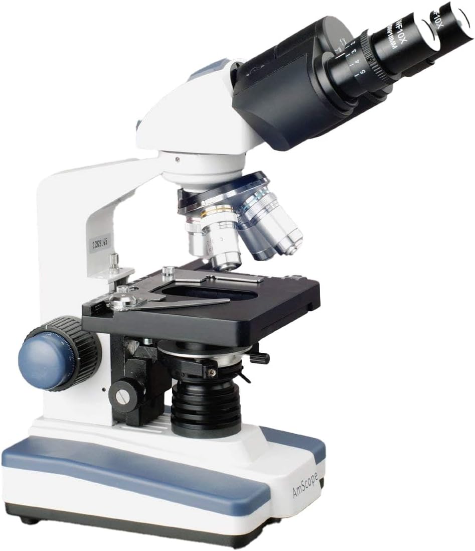 AmScope B120 Series Student & Professional LED Binocular Compound Microscope – 40X-2500X Magnification – Includes 3MP USB Camera & Siedentopf Head