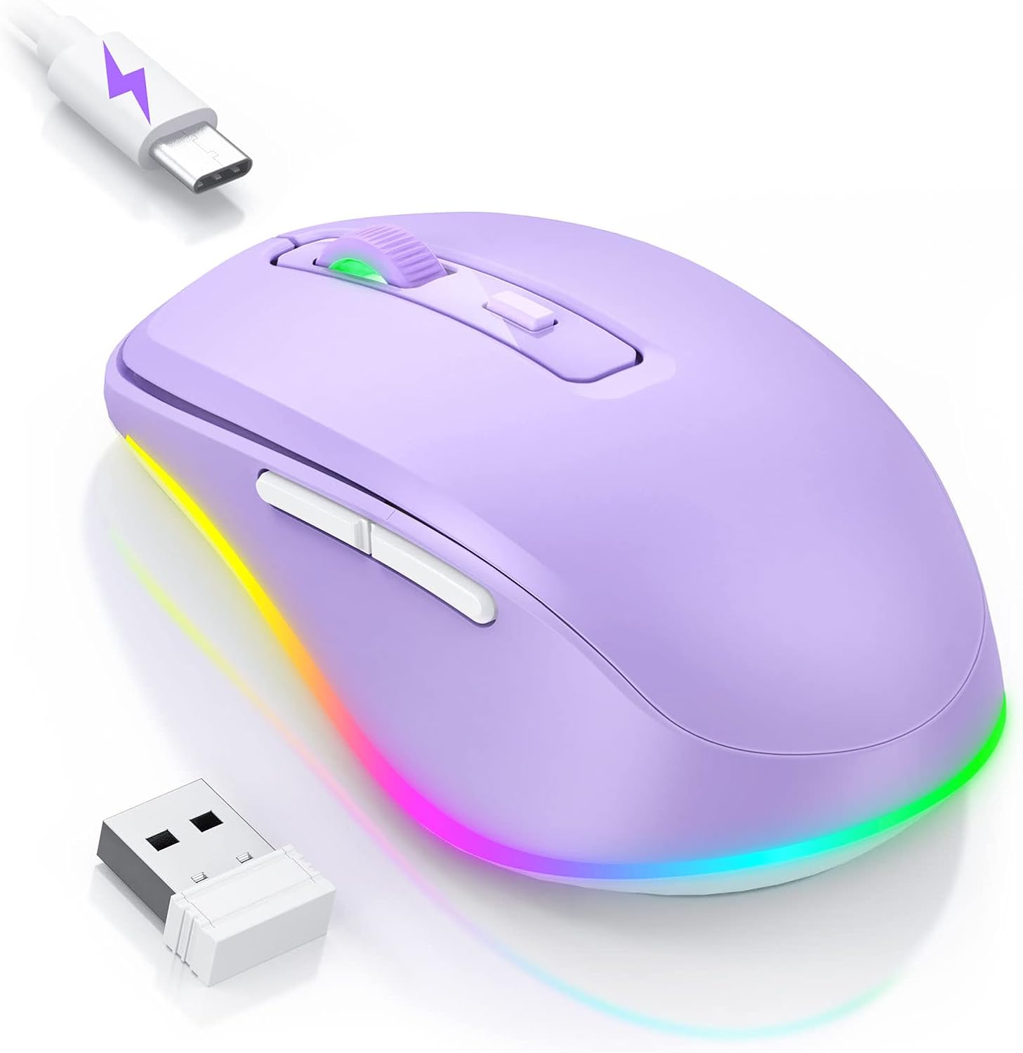 Wireless Mouse Jiggler – LED Wireless Mice with Build-in Mouse Mover, Rechargeable Moving Mouse for Laptop with Undetectable Random Movement Keeps Computers Awake – Purple