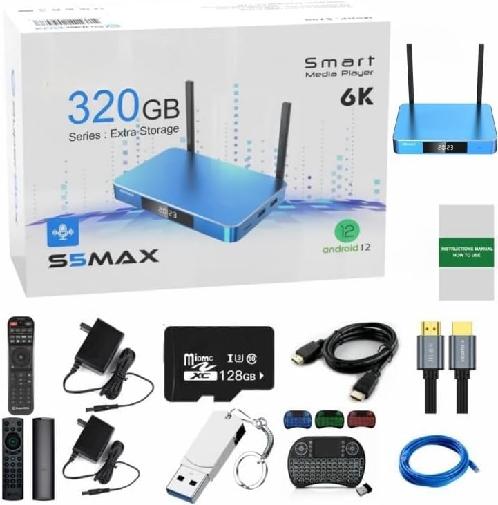 Newest 5 M A X Version 4GB RAM 64GB ROM 6K Ultra HD Built-in Voice Control 2*HDMI Cable,2* Power Supply,1* Voice Remote Control,1 * 128G TF Card, 1 * 128 USB Flash Driver ect