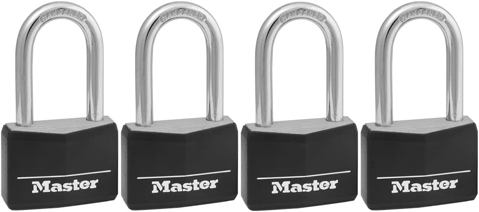 Master Lock Covered Aluminum Padlock with Key, 141QLF, 4 Pack Keyed Alike , Black