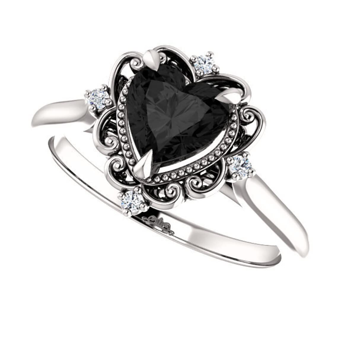 Filigree Vintage Heart Shape Black Diamond Engagement Ring, Victorian Halo 1 CT Heart Genuine Black Diamond Ring, Antique Black Onyx Ring, 14K Solid White Gold, Perfact for Gift (7.5)