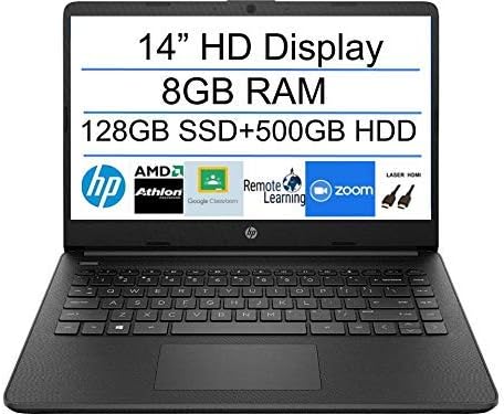 HP 14 Inch Premium Laptop, AMD Athlon Silver 3050U up to 3.2 GHz(Beat i5-7200U), 8GB DDR4 RAM, 128GB SSD+500GB HDD, Bluetooth, Webcam,WiFi,Type-C, HDMI, Windows 10 S, Black + Laser HDMI