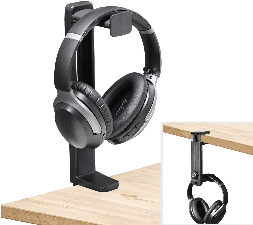 NEETTO HS906 Headphone Stand & Hanger 2 in 1, Above & Under Desk Gaming Headset Holder Mount Hook with Height Adjustable & Rotating Clamp, Earphone Rack with Cable Clip