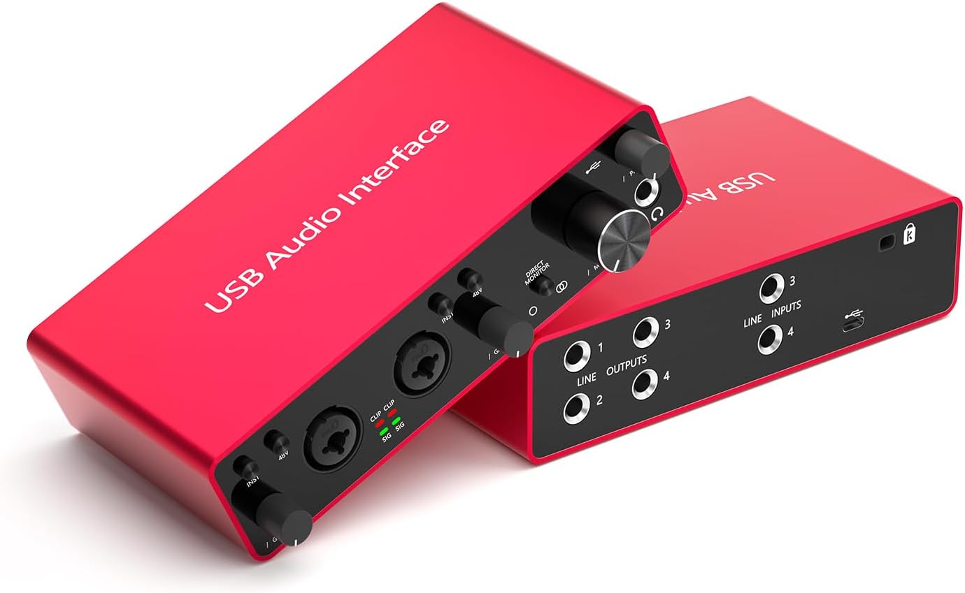 2i2 USB Audio Interface with 48V Phantom Power 24Bit/192kHz 4 Line Outputs & 2 Line Inputs for the Musicians, Vocalist, Podcaster,USB Audio Interface Works with Most DAWs and Recording Software