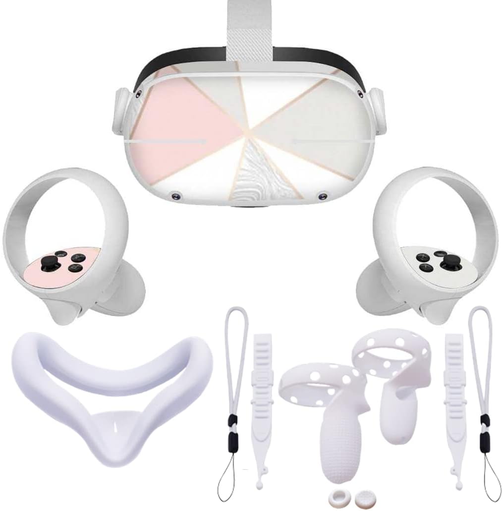 Set 3-in-1 Compatible with Oculus Quest 2/Meta Accessories: Anti-Leakage Face Cover + Non-Slip Grip Covers + Stickers | Sweatproof Anti-Dirty Virtual Reality Decal Skin (White Pearl)