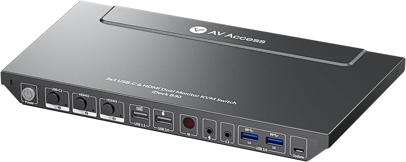 AV Access KVM Switch Dock for a Laptop and 2 Desktop PCs, Dual 4K Monitor USB C Docking Station, Type-C 65W Charging for Laptop, Ethernet, EDID, Hotkey Switch, HDMI, 4K@60Hz, 1080P@240Hz, USB 3.0