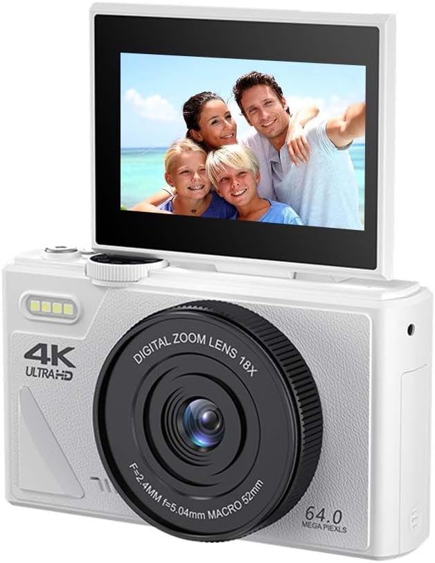 64MP Digital Camera for Photography and Video: 4K Vlogging Camera for YouTube with 3” Flip Screen and 32GB TF Card, 16X Zoom Digital Camera for Gift (White)