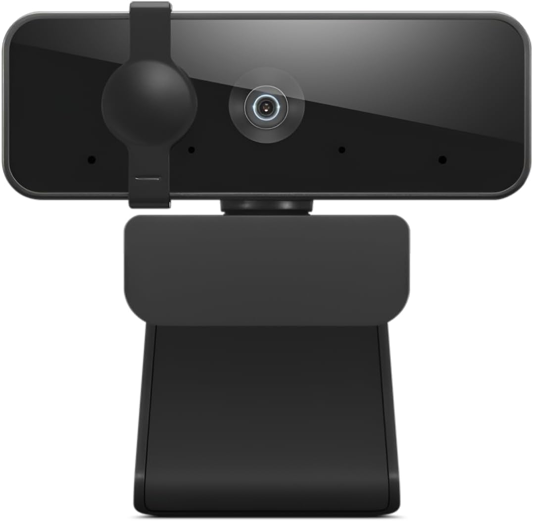 Lenovo Essential Full HD 1080P Webcam, Dual Microphone, No Driver 1.8m USB 2.0, Wide-Angle, Tilt-Control, 360-Degree Rotation, Black