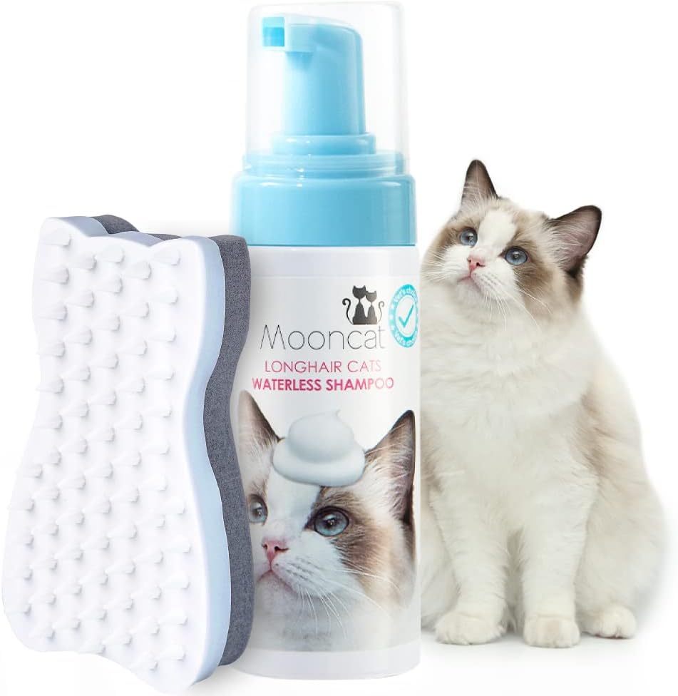 Mooncat Waterless Cat Shampoo and Brush Kit – No Rinse Foam Bath for Long Hair Cats – Grooming for Sensitive Skin, Detangling, Paraben-Free, pH Balanced – Licking Safe (5 oz)