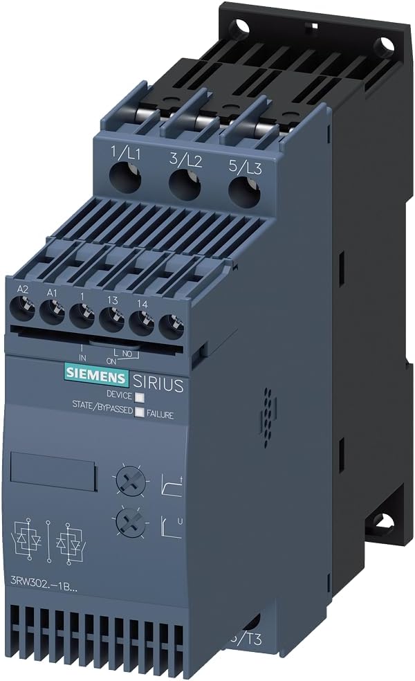 Siemens 3RW3027-1BB14 Sirius Soft Starter, Size S0, 32A, 15KW/400V, 40 Degrees, 200-480V, 110-230V AC/DC, Screw TERMINALS, White