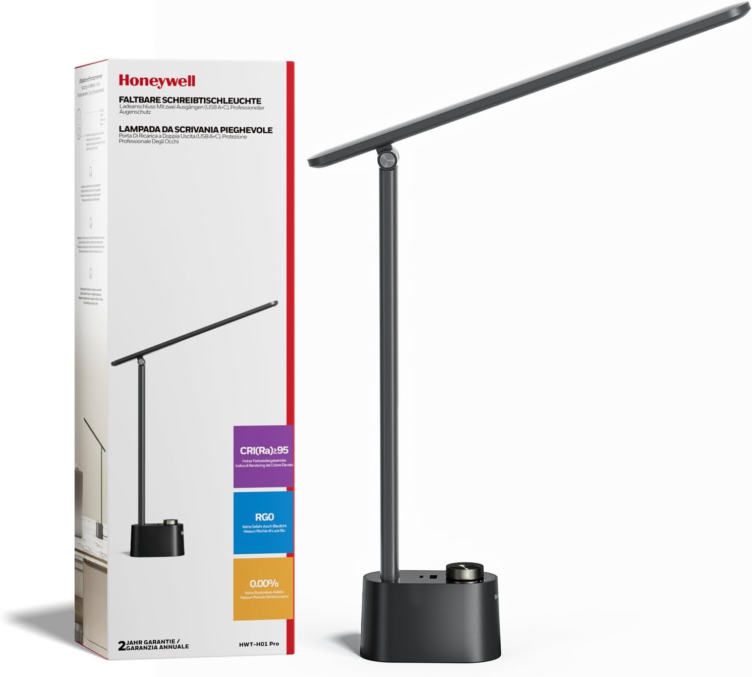 Honeywell Upgraded LED Desk Lamp – H01 Pro Sunturalux Foldable Desk Light with USB A+C Charging Ports, 3 Color Modes Dimmable Table Lamp for Home Office Reading(Black)