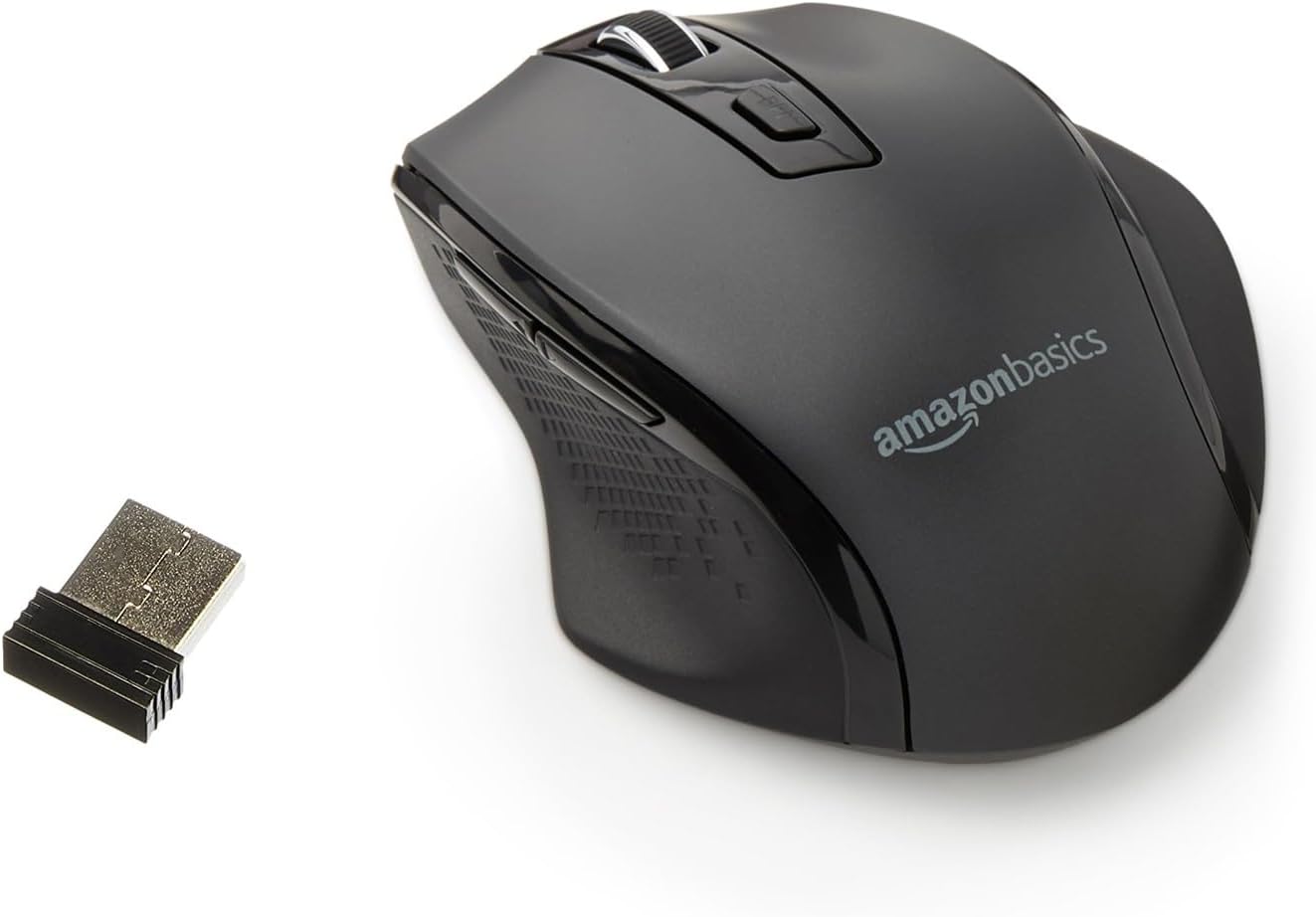 Amazon Basics Computer Mouse Wireless, Ergonomic, 2.4 GHz Optical, DPI Adjustable, Compatible With PC, Mac, Laptop, Black