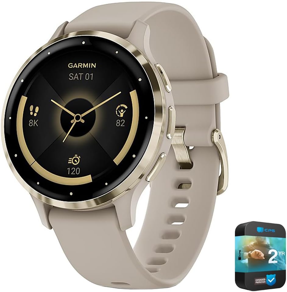 Garmin 010-02785-02 Venu 3S Health Fitness GPS Smartwatch Gold Steel Bezel w/French Gray Case 41mm | Official USA Partner Model | Bundle with 2 YR CPS Enhanced Protection Pack