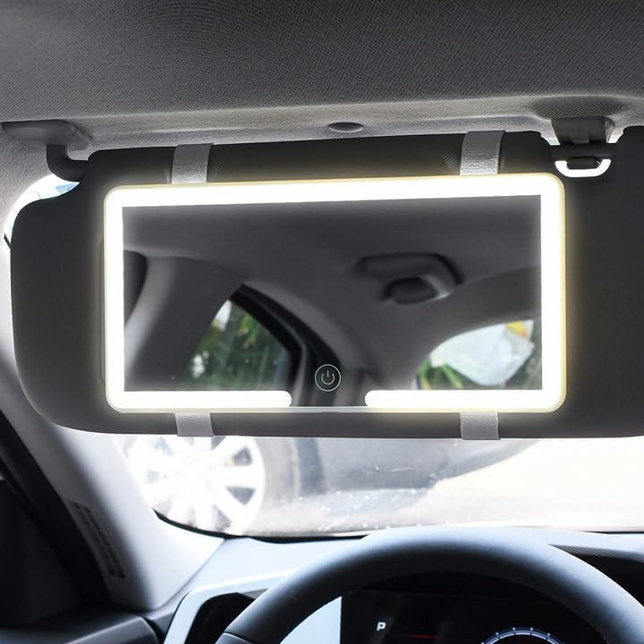 Car Sun Visor Vanity Mirror, Rechargeable Makeup Mirror with 3 Light Modes & LED, Dimmable Clip-On Rear View Mirror for Cars, Trucks & SUVs