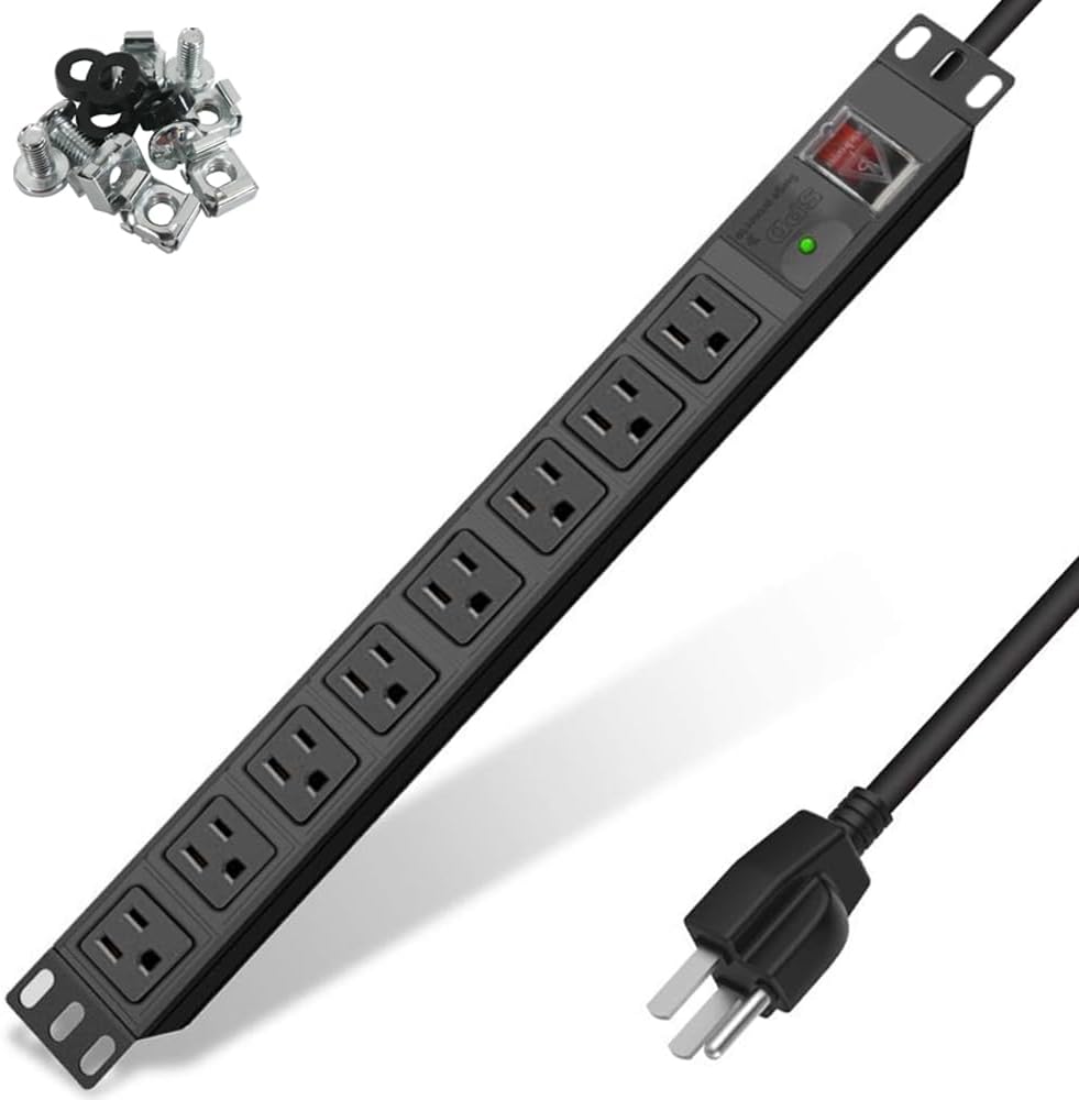 Surge Protector Power Strip 1U Rack Mount PDU,8 Wide-Spaced Outlet Extender, Mountable Heavy-Duty Electric 5.9 ft Extension Cord Strip for Server Racks,Garage, Workshop, Office-15A/1800V,1080J