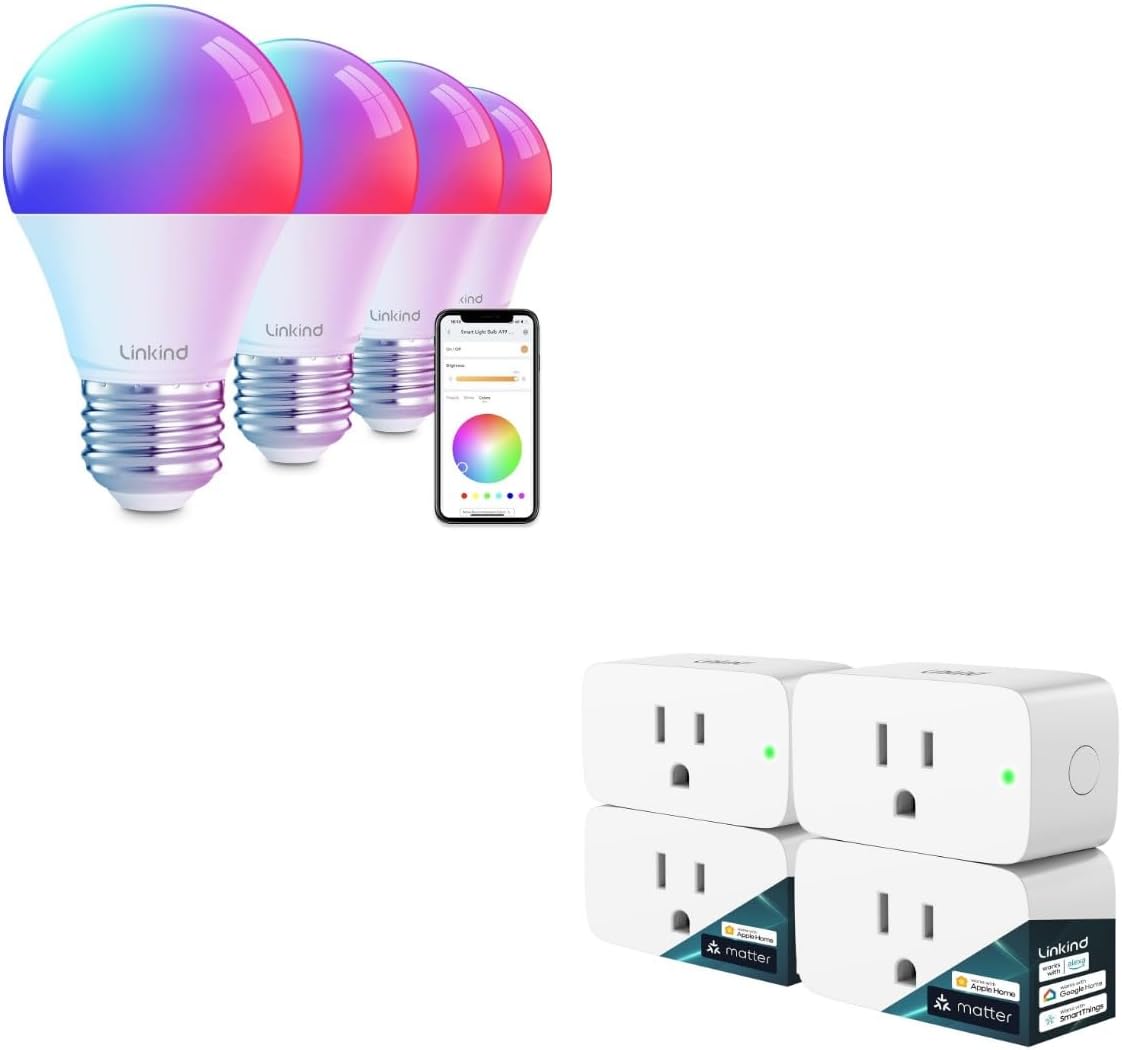 Linkind Matter Smart Plug 4 Pack Smart Light Bulbs 4 Pack RGBTW Color Changing Light Bulbs