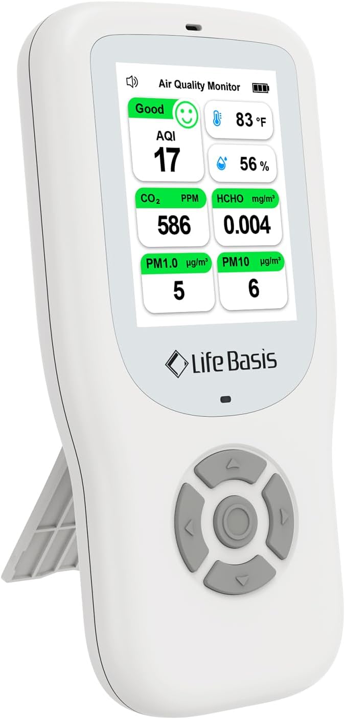 LifeBasis Air Quality Monitor Indoor, 10-in-1 Air Quality Detector with Stand, Real-Time Air Meter Test AQI, PM1.0, PM2.5, PM10, CO2, TVOC, HCHO, Particles, Temperature and Humidity with Alert -White