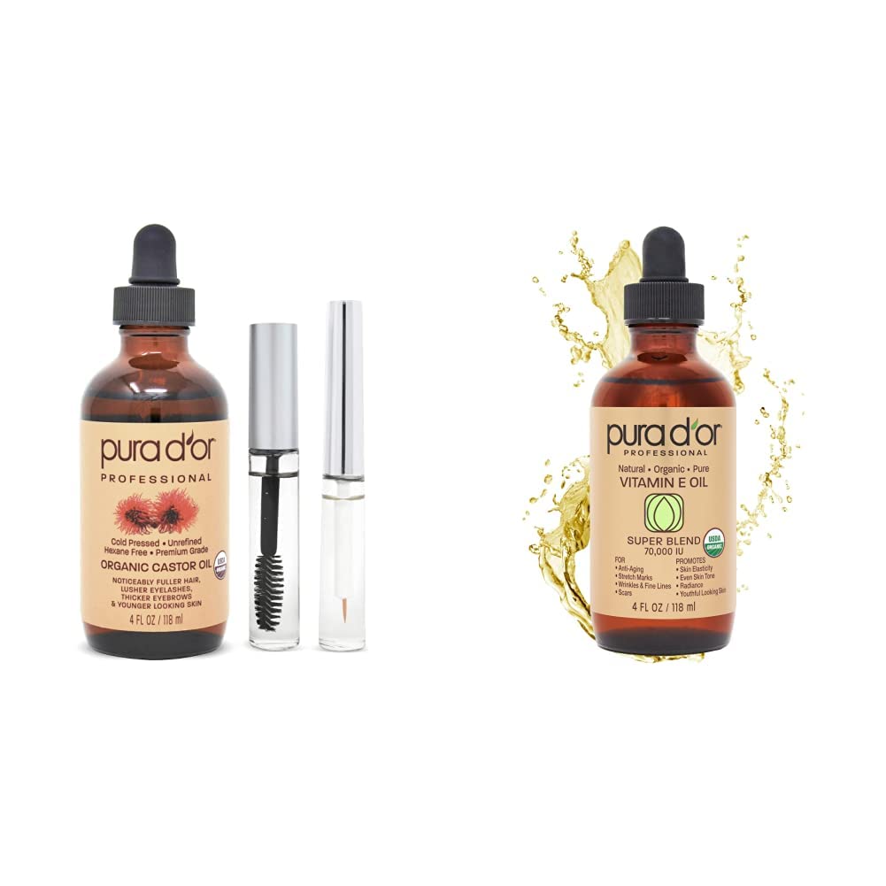 PURA D’OR Organic Castor Oil (4oz + 2 Limited Time BONUS Pre-Filled Eyelash & Eyebrow Brushes) 100% Pure, Cold Pressed, Hexane Free Growth Serum For Fuller, Thicker Lashes & Brows & Moisturizes Skin | PURA D’OR Organic Vitamin E Oil Blend 70,000 IU (4oz / 118mL) 100% Natural Hexane Free, Sweet Almond, Apricot, Jojoba, Argan, Rosehip, Sunflower & Avocado Bath Oil for Scars, Skin, Face & Full Body