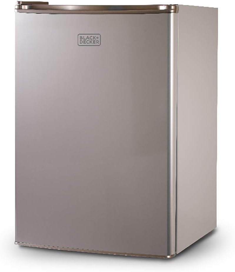 BLACK+DECKER BCRK25V Compact Refrigerator Energy Star Single Door Mini Fridge with Freezer, Cubic Feet, VCM, 2.5 cu.ft, Brushed Metal Finish,Grey