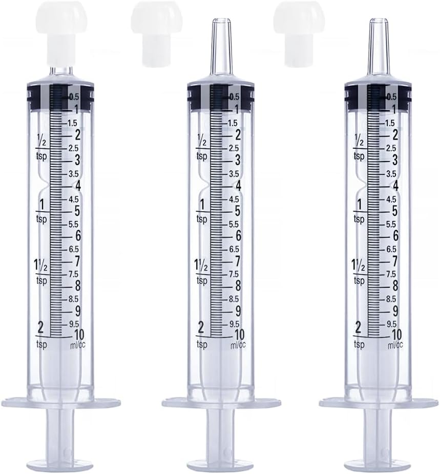 10mL Syringe for Liquid, Food, Oral, Scientific Labs, Measurement, Dispensing, Press-In Adapter, Craft, Big Tip with Cap- 3 Pack 10ml Syringes with tsp & mL Measurement