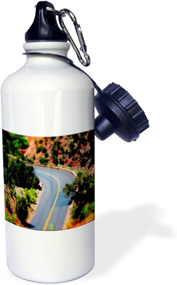 3dRose “Winding Road in Zion National Park Made to Look Like it is Miniature Road with Greenery on Side” Sports Water Bottle, 21 oz, White