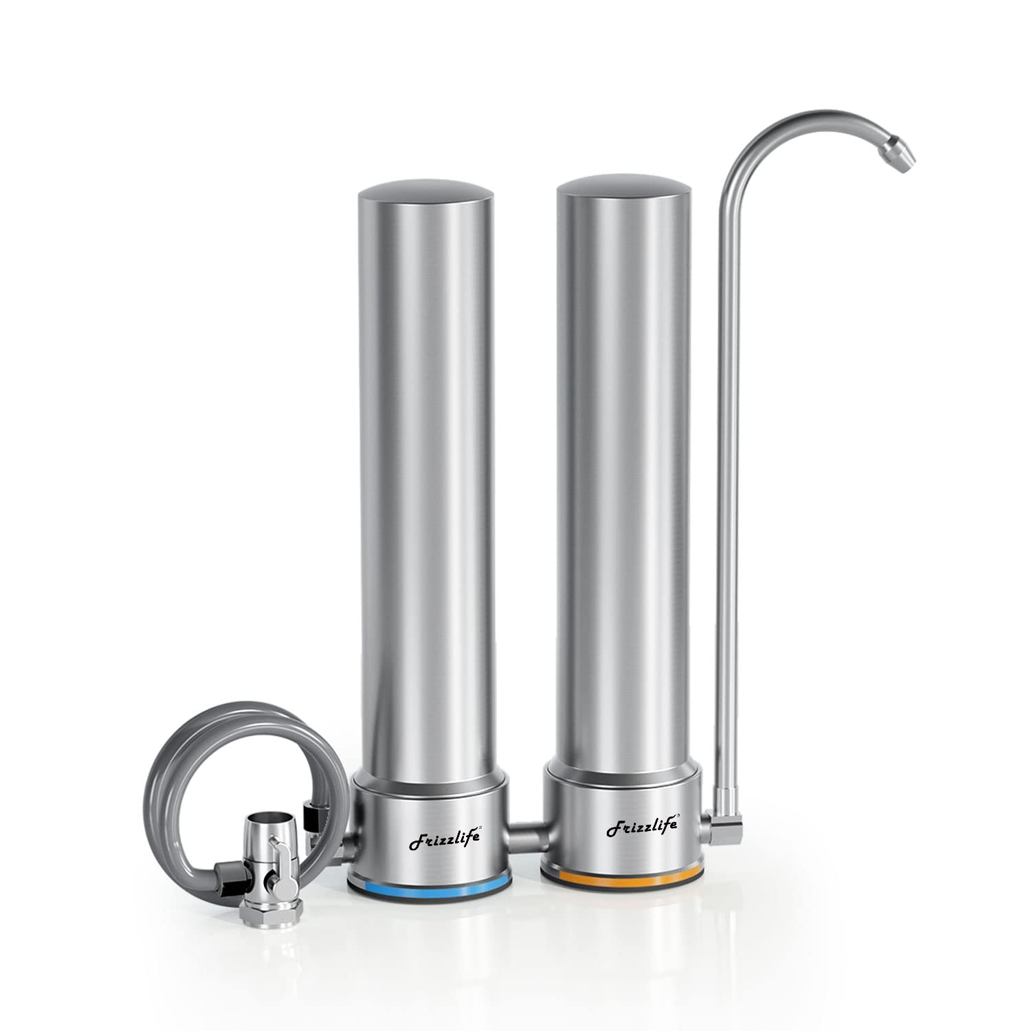 Frizzlife DS99 Countertop Water Filter System, 8-Stage Stainless Steel Faucet Water Filtration, 0.5 Micron NSF Certified Elements Reduces 99.99% Lead, Chlorine, Heavy Metals, Bad Taste & Odor