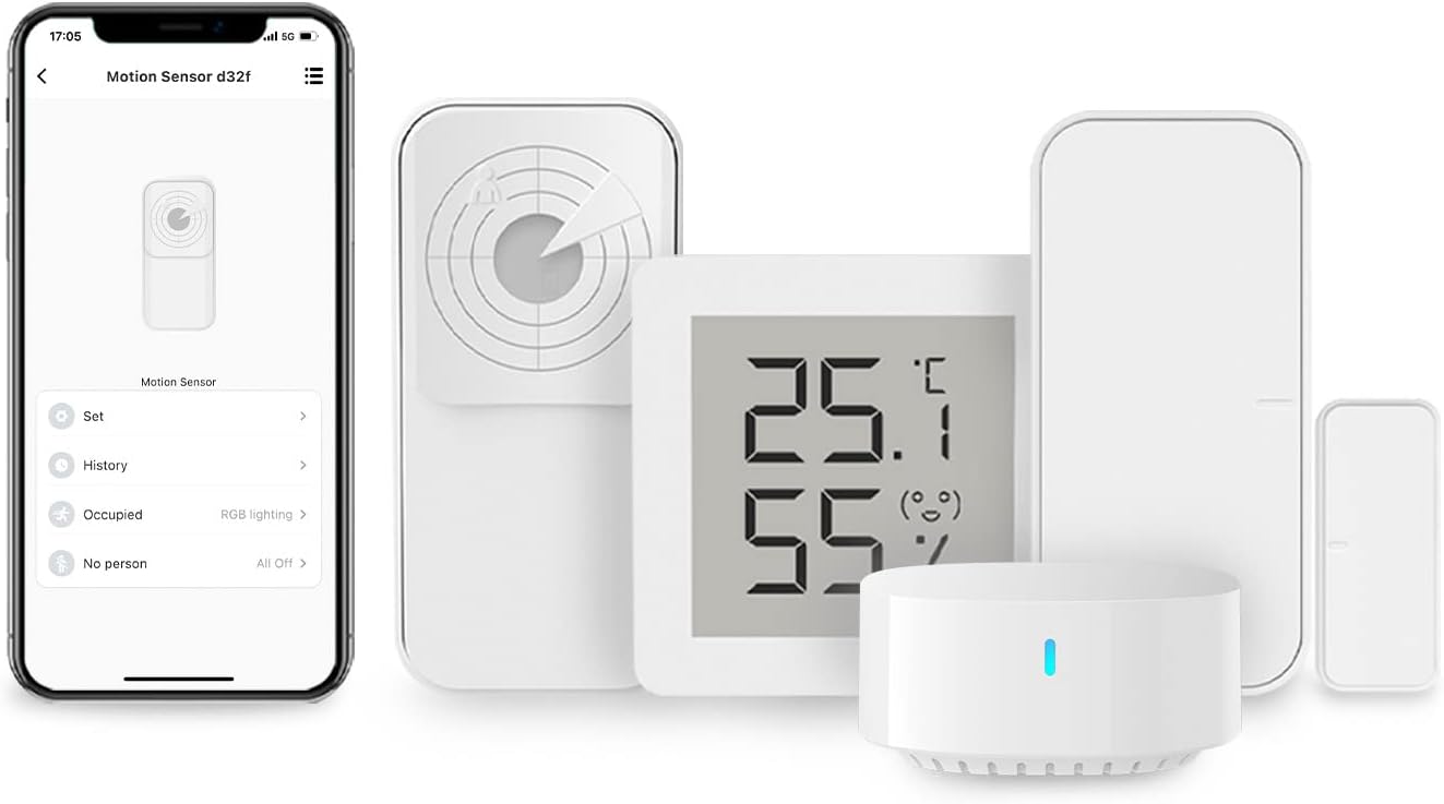 BroadLink FastCon Smart Sensor Kit – Radar Motion Sensor, Door Sensor, Temperature and Humidity Sensor for Remote Monitoring and Smart Home Automation, Compatible with Alexa, Hub Included