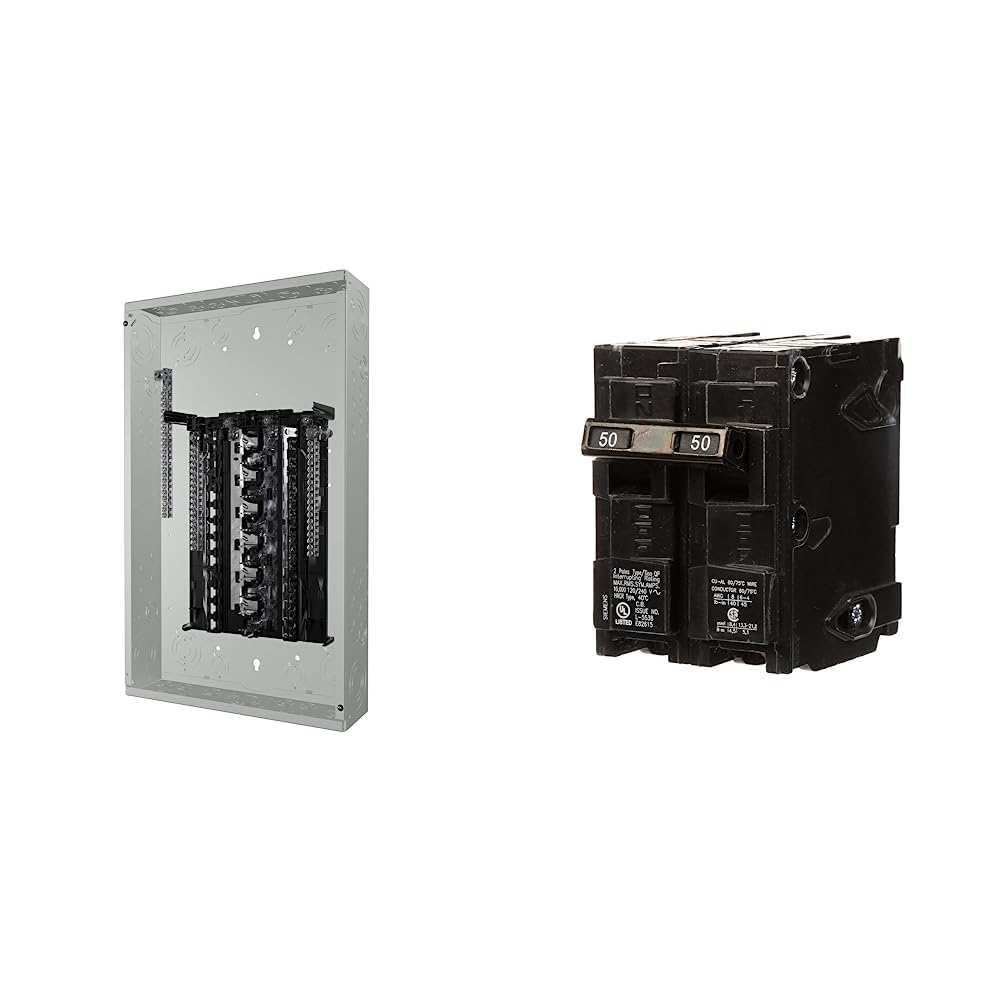 Siemens SN2448L1125 SN Series 125 Amp 24-Space 48-Circuit Main Lug Plug-on Neutral Load Center Indoor, Grey and SIEMENS Q250 50-Amp Double Pole Type QP Circuit Breaker, Black