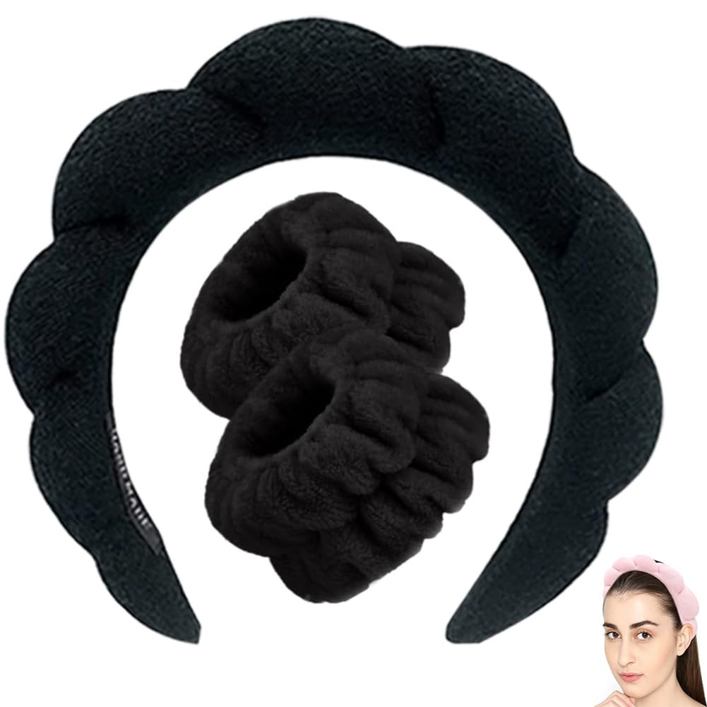 Women’s Skincare Spa Headband Set with Wristbands – Versatile for Face Washing, Makeup Application, and Skin Care Routine (Black)