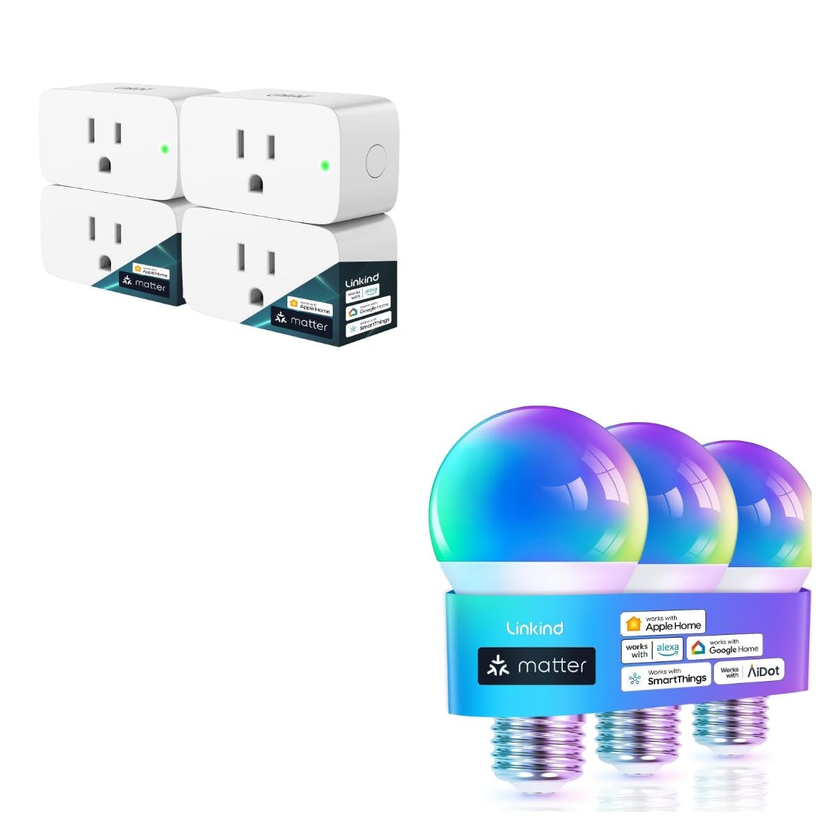 Linkind Matter Samrt Bulb 3 Pack Bundle with Matter Smart Plug 4 Pack