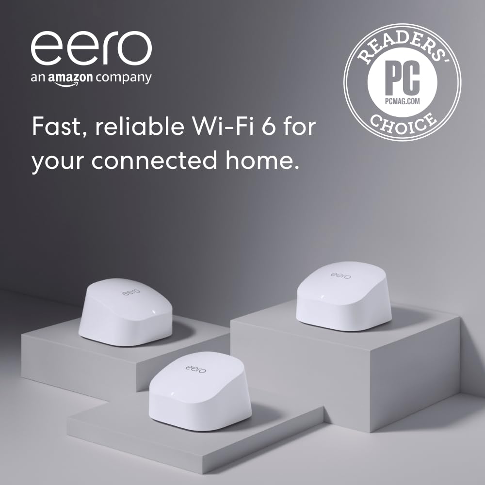 Amazon eero 6 mesh wifi system – Supports internet plans up to 500 Mbps, Coverage up to 4,500 sq. ft., Connect 75+ devices, 3-pack (1 router + 2 extenders)