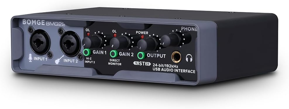 BOMGE USB Audio Interface(24 bit/192 kHz) with XLR,phantom power,Direct Monitoring,Loopback for PC Recording,Streaming,Guitarist,Vocalist and Podcasting