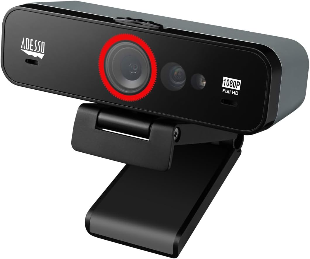 Adesso CyberTrack F1 1080P HD Fixed Focus USB Windows Hello Webcam, Camera for Desktop PC Built-in Dual Microphone, Privacy Shutter, Audio/Video Mode Privacy ON/Off Switch & Tripod Mount